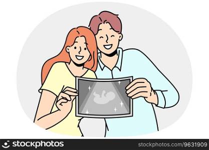 Happy couple showing picture of embryo. Smiling man and woman demonstrate ultrasound of baby excited with pregnancy and parenthood. Vector illustration.. Happy couple showing ultrasound picture of baby