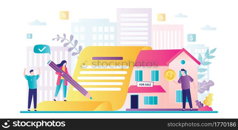 Happy couple signs loan agreement. Buying property in mortgage. Bank clerk gives credit money. Modern house for sale, urban view on background. People characters in trendy style. Vector illustration. Happy couple signs loan agreement. Buying property in mortgage. Bank clerk gives credit money. Modern house for sale