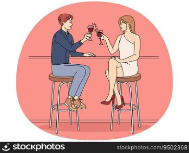 Happy couple sit at counter in bar cheers with wine enjoying date out. Smiling man and woman drinking cocktail relaxing on evening in restaurant. Vector illustration.. Happy couple enjoy date in restaurant