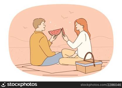 Happy couple sit on ground having picnic in park or forest. Smiling man and woman enjoy date outdoors eating fruits. Relationships and dating concept. Flat vector illustration. . Happy couple have picnic in park eating fruit 
