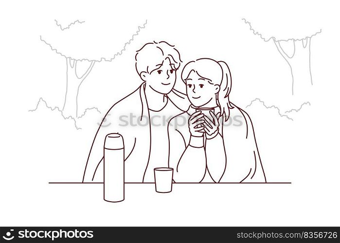 Happy couple sitting in park hugging drinking warm coffee enjoy romantic date together. Smiling loving man and woman embrace cuddling outdoors. Vector illustration.. Happy couple sitting in park drinking tea