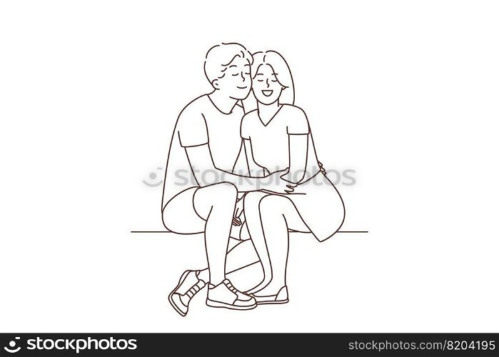 Happy couple sitting on bench hugging. Smiling man and women in love embrace enjoy good relationships. Vector illustration. . Happy couple sit outside hugging 
