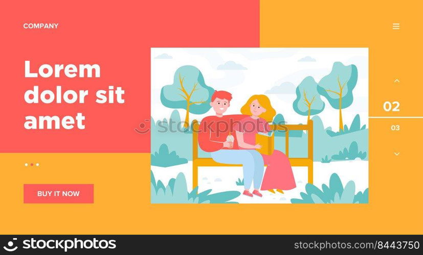 Happy couple sitting on bench in park. Date, love, book flat vector illustration. Relationship and family concept for banner, website design or landing web page