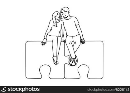 Happy couple sitting on jigsaw puzzles hugging. Smiling man and woman embrace find love together. Relationship and affection. Vector illustration. . Happy couple sitting on connected puzzles 