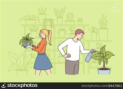 Happy couple take care of house plants. Man and woman plant and water house plants in home garden. Botany and hobby concept. Vector illustration.. Couple take acre of plants in house