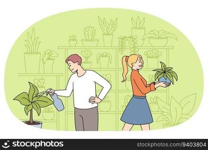 Happy couple take care of house plants. Man and woman plant and water house plants in home garden. Botany and hobby concept. Vector illustration.. Couple take acre of plants in house