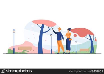 Happy couple taking selfie in autumn park. Fall, love, season flat vector illustration. Date and weekend concept for banner, website design or landing web page