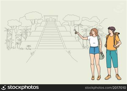 Happy couple tourists explore travel destination in tropical country. Smiling man and woman travelers discover landmarks or attractions on summer holiday or vacation. Tourism. Vector illustration. . Happy couple tourists explore country travel landmarks