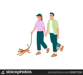 Happy couple walking dog flat color vector detailed characters. Man and woman holding hands. Family outdoor activity isolated cartoon illustration for web graphic design and animation. Happy couple walking dog flat color vector detailed characters