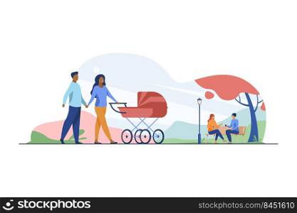 Happy couple walking in autumn park with buggy. Pram, family, baby flat vector illustration. Weekend and holiday concept for banner, website design or landing web page