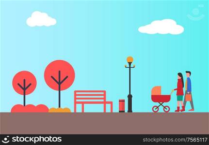 Happy couple walking together with pram in autumn city park. Young parents and newborn child, empty bench and street lamp, color bushes and trees vector. Happy Couple Walking Together with Pram, Autumn