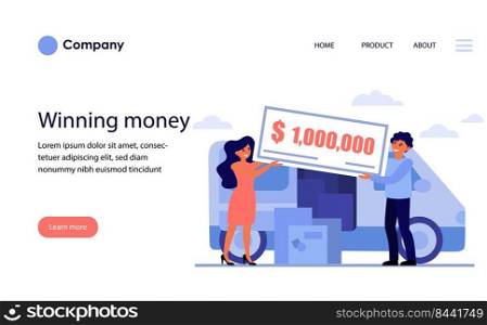 Happy couple winning money prize. Moving truck, cardboard box, award flat vector illustration. Delivery, moving house concept for banner, website design or landing web page