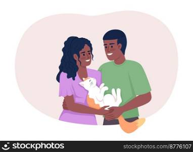 Happy couple with cat 2D vector isolated illustration. Successful relationships. Moving in together flat characters on cartoon background. Colorful editable scene for mobile, website, presentation. Happy couple with cat 2D vector isolated illustration