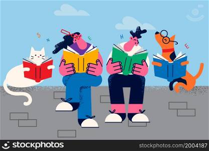 Happy couple with cat and dog relax together reading books. Smiling man and woman with domestic pets animals have fun enjoy literature on leisure weekend. Hobby concept. Vector illustration. . Happy couple with pets enjoy reading books