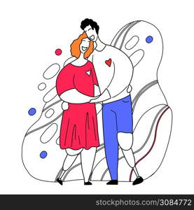 Happy couple with legs prosthesis hugging and laughing. Relationships and love. Date in modern outline style. Family and unity of people. Vector element for cards, invitations and your creativity. Happy couple with legs prosthesis hugging and laughing. Relationships and love. Date in modern outline style. Family and unity of people. Vector element