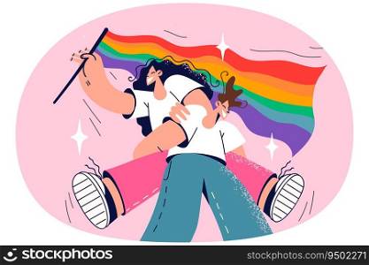 Happy couple with LGBT flag walking on pride parade. Smiling people supporting homosexual relationships. Homosexuality and same sex relations. Vector illustration.. Smiling people with LGBT flag