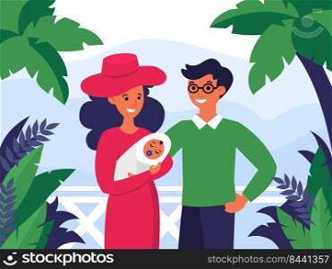 Happy couple with newborn child on vacation. Young family with baby standing together and smiling flat vector illustration. Family on vacation concept for banner, website design or landing web page