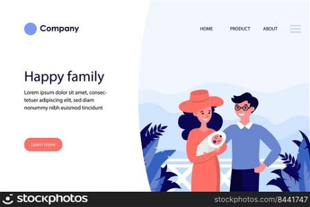 Happy couple with newborn child on vacation. Young family with baby standing together and smiling flat vector illustration. Family on vacation concept for banner, website design or landing web page