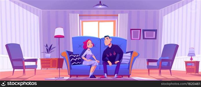 Happy couple, young man and woman sit together on couch in living room. Family relax at home. Vector cartoon illustration of wife and husband on blue sofa in vintage lounge interior. Happy couple, young man and woman sit on couch