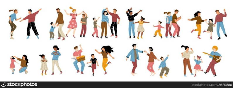 Happy couples and families with kids dancing. Diverse characters, excited men and women dance with boys and girls isolated on white background, vector hand drawn illustration. Happy couples and families with kids dancing