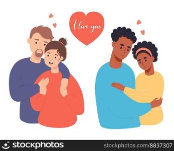 Happy couples in love. Cute fair-skinned and dark ethnicity pairs. Vector illustration in flat cartoon style. I love you. Isolated loving peoples for design, postcards, valentines
