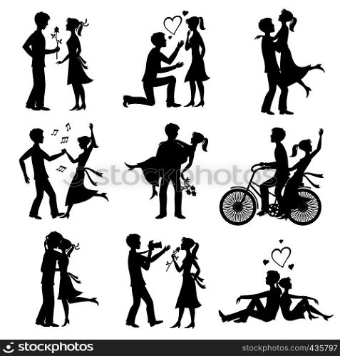 Happy couples in love just married bride and groom vector black silhouettes. Black bride and groom, wife and husband, wedding woman and man illustration. Happy couples in love just married bride and groom vector black silhouettes
