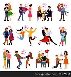 Happy couples in love surrounded with small hearts on romantic dates, hug tight, whirl in dance and make presents cartoon vector illustrations set.. Happy Couples in Love Surrounded with Small Hearts