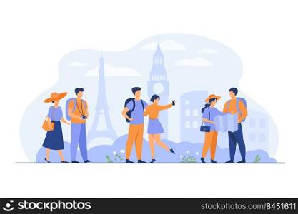 Happy couples traveling in Europe and taking photo isolated flat vector illustration. Cartoon group of people with backpack, camera and map. Vacation and tourism concept