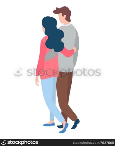 Happy couples walking, young man and woman back view spending time together. Isolated on white, merry lovers. Vector illustration in flat cartoon style. Happy Couples Walking, Young Man Woman Back View