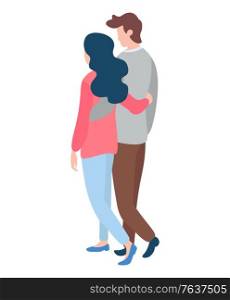 Happy couples walking, young man and woman back view spending time together. Isolated on white, merry lovers. Vector illustration in flat cartoon style. Happy Couples Walking, Young Man Woman Back View