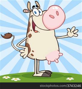 Happy Cow Cartoon Character Waving For Greeting