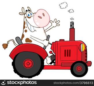 Happy Cow Farmer In Red Tractor Waving A Greeting