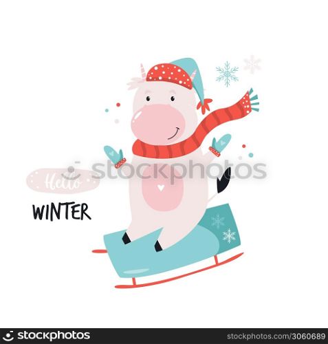 Happy cow on a sledge. Merry Christmas illustration, poster with cute animal. Merry Christmas illustration, poster with cute cow on a sledge