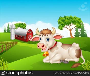 Happy cow sitting isolated in the farm