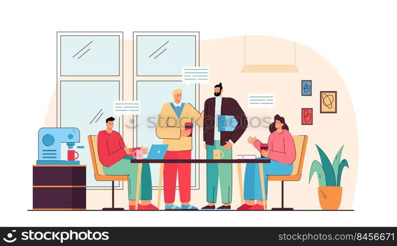 Happy coworkers talking on lunch in office kitchen isolated flat vector illustration. Cartoon company employees meeting at coffee break. Communication and teamwork concept