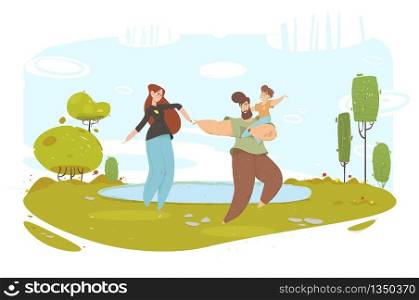 Happy Craft Family Having Fun on Nature near Lake. Green Meadow with Green Trees and Grass. Natural Backdrop. Father Carrying Son on Arms. Wife Holding Husbands Hand. Ecological Vector Illustration. Happy Craft Family Having Fun on Nature near Lake