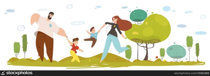 Happy Craft Family on Nature Flat Cartoon Portrait. Father and Mother Play with Kids on Nature. Parents and Children Have Fun in Forest or Garden. People in Traditional Clothes. Vector Illustration. Happy Craft Family on Nature Flat Cartoon Portrait