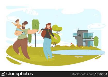 Happy Craft Family with Baby Dancing on Green Meadow. Handsome Father Holding Cheerful Son on Hand. Attractive Mother Moving on Grass. Hobby and Leisure. Eco House. Ecological Vector Illustration. Happy Craft Family with Baby Dancing on Meadow