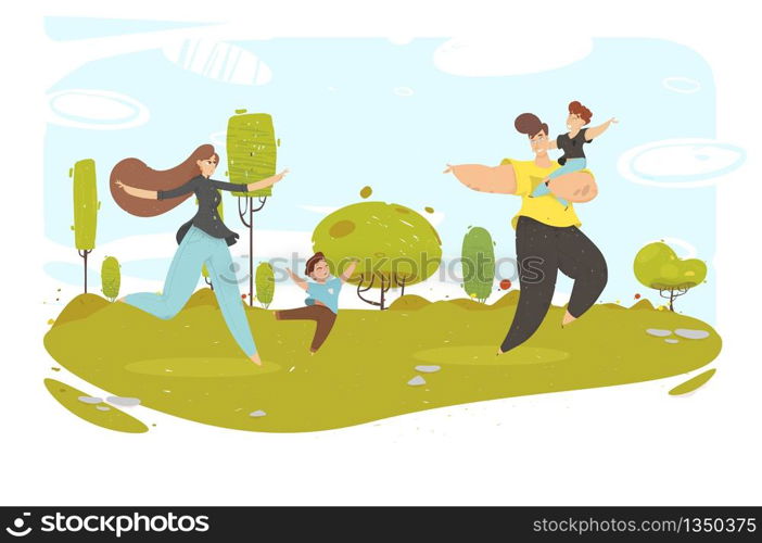 Happy Craft Family with Children Rest on Nature. Mother with Son and Father Holding Kid ob Hands Run on Green Meadow in Forest. Cartoon Farmers Recreating. Vector Flat Cutout Illustration. Happy Craft Family with Children Rest on Nature