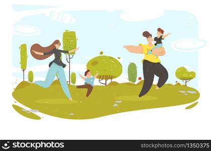 Happy Craft Family with Children Rest on Nature. Mother with Son and Father Holding Kid ob Hands Run on Green Meadow in Forest. Cartoon Farmers Recreating. Vector Flat Cutout Illustration. Happy Craft Family with Children Rest on Nature