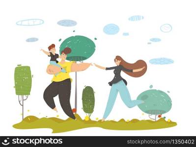 Happy Craft Family with Kid Running on Meadow in Forest Illustration. Walk on Fresh Air, Rest Time, Spending Holidays Together. Vector Flat Natural Scene. Cartoon Smiling People and Child.. Happy Craft Family with Kid Running on Meadow
