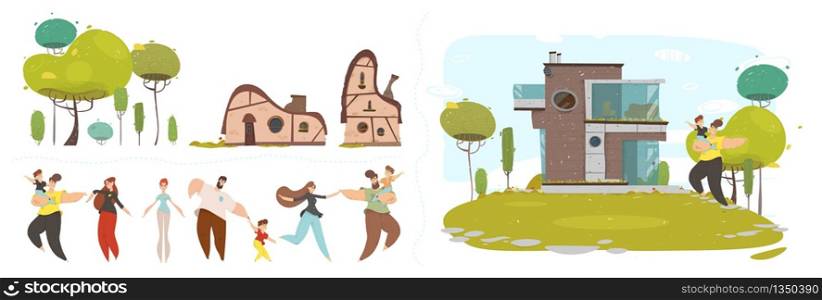 Happy Craft People Characters. Married Couples with Children. Rustic Houses with Chimney and Straw Roof. Eco Friendly Country Cottage and Father with Kid in Yard. Cartoon Flat Set. Vector Illustration. Happy Craft People, Rustic Houses, Eco Cottage Set