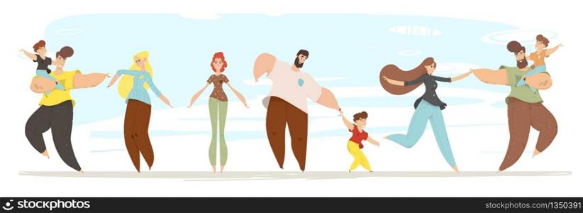 Happy Craft People with Cute Children Flat Set. Father and Mother Holding Kids or Soul Mates with Hands. Cartoon Characters Moving, Running, Dancing, Having Fun and Rest. Vector illustration. Happy Craft People with Cute Children Cartoon Set