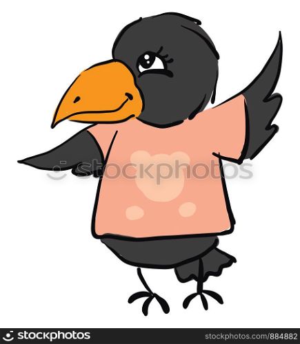 Happy crow wearing a pink t-shirt, illustration, vector on white background.