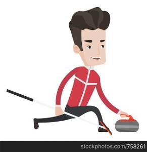Happy curling player playing curling on a curling rink. Caucasian curling player delivering a stone. Curling player sliding over the ice. Vector flat design illustration isolated on white background.. Curling player playing curling on curling rink.