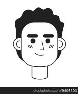 Happy curly haired man monochrome flat linear character head. Editable outline hand drawn human face icon. Successful entrepreneur. 2D cartoon spot vector avatar illustration for animation. Happy curly haired man monochrome flat linear character head