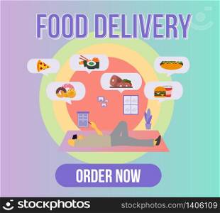 Happy customer food delivery character receiving a ready meal at home using a smartphone app.Order transportation concept design for banner technology and lifestyle infographics.