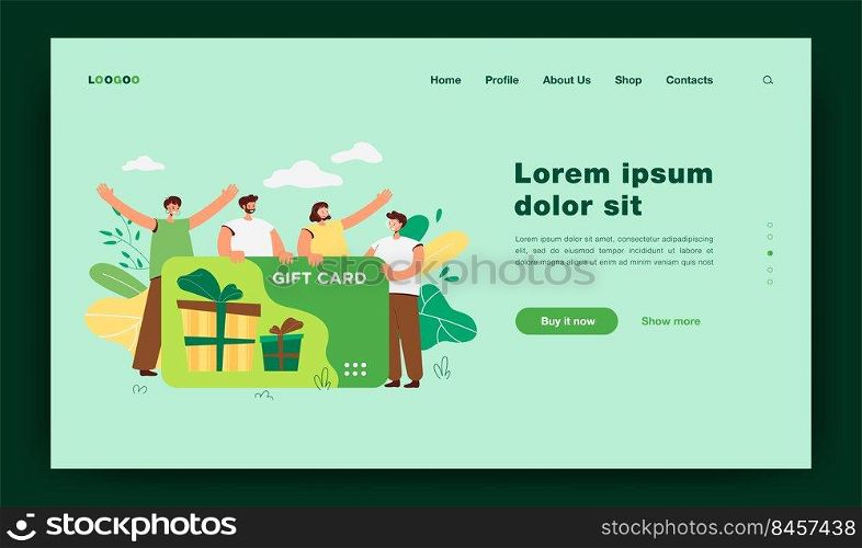 Happy customers getting gift card from store or shop. Consumers with voucher celebrating sale season. Vector illustration for shopping, present, bonus program, retail concept