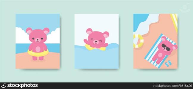 Happy cute bear postcard or poster on the beach in summer season. Vector illustration.