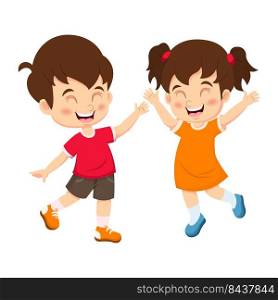 Happy cute boy and girl cartoon waving hands